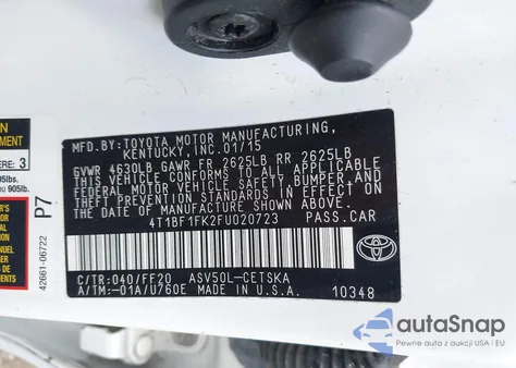 2015 Toyota Camry Se z USA, uszkodzony, nr VIN 4T1BF1FK2FU020723